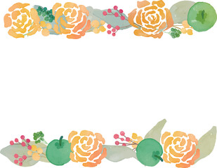 水彩画。水彩タッチの秋の植物と薔薇のベクターフレーム。秋の薔薇と植物の装飾枠。Watercolor. Vector frame of autumn plants and roses with watercolor touch. Decorative frame of autumn roses and plants.