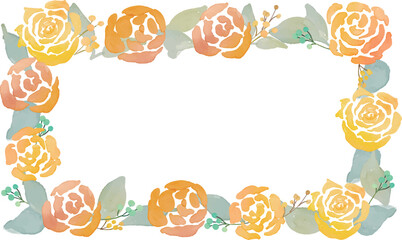 水彩画。水彩タッチの秋の植物と薔薇のベクターフレーム。秋の薔薇と植物の装飾枠。Watercolor. Vector frame of autumn plants and roses with watercolor touch. Decorative frame of autumn roses and plants.