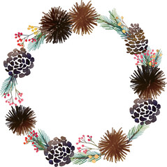 水彩画。水彩タッチの秋の植物と松ぼっくりのベクターフレーム。秋の木の実と葉っぱの装飾枠。Watercolor painting. Frame of autumn plants and pine cones with watercolor touch. Decorative frame with autumn berries and leaves.