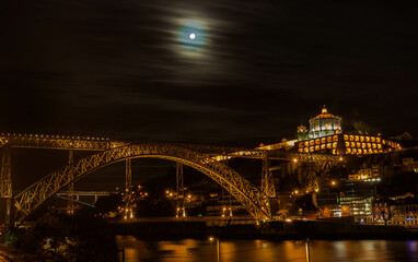 banks of the river duero at night as it passes through Oporto