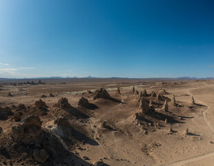 Trona pinnacles in California's Mojave and Death Valley desert - first-person aerial view