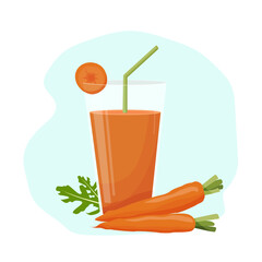 Vector illustration of healthy fruit smoothie in cartoon style. A glass of fresh carrot juice next to carrots for healthy life. Menu element for cafe, banners, advertisements, booklets, flyers