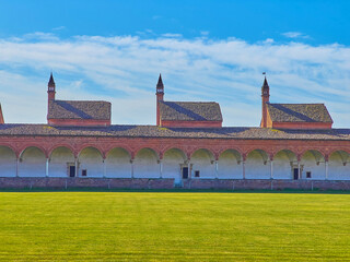 The monk's cells and the covered gallery of Certosa di Pavia monastery, Italy