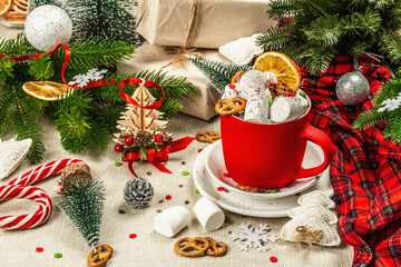 Hot cocoa or chocolate with marshmallows. Christmas traditional decor, New Year festive arrangement