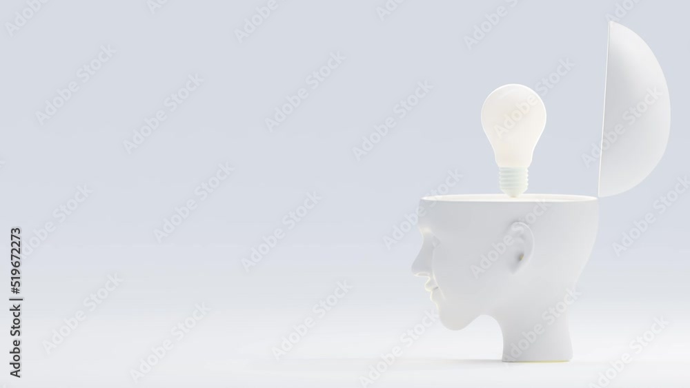 Poster white light bulb on the white head animation. concept about think outside the box and creativity. de
