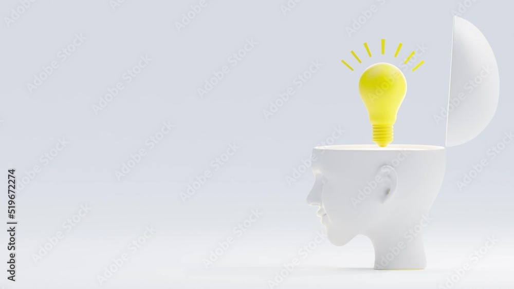 Poster yellow light bulb on the white head animation. concept about think outside the box and creativity. d