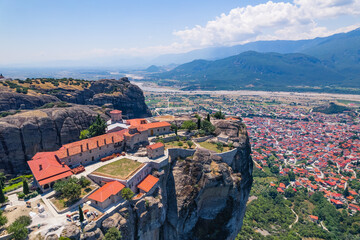 Historic and touristic places that Greece has to offer. Massive rock formations and one of monasteries seen from aerial view. High quality photo