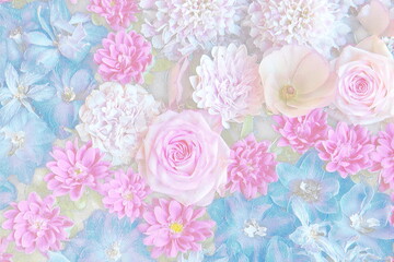 Relief of pink white and blue flowers(delphinium, rose) . Ceramic plate style
