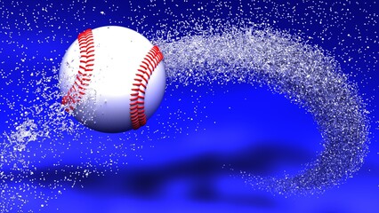 White-red Baseball with diamond splash particles under blue-black lighting background. 3D illustration. 3D high quality rendering. 3D CG.