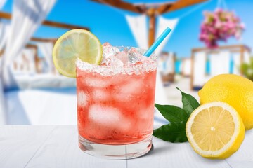 Tasty trendy alcoholic cocktail with rum, liqueur, syrup, lime juice, mint and crushed ice.