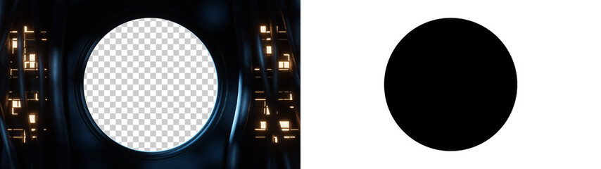 Background with clipping path and alpha channel of a round window seen from inside a spaceship or sci-fi environment location with cables and light panels. 3D Rendering