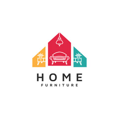 Home furniture logo design with lamp, drawer shelf, flower and chair concept