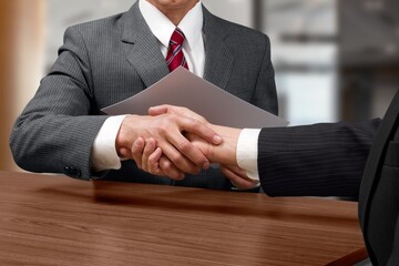 Employer, boss after successful job interview. Happy customer and lawyer, finishing consultation,...