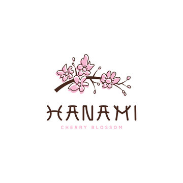 Hanami Japanese Flower Logo Design, Cherry Blossom Vector Illustration