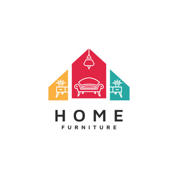 Home furniture logo design with lamp, drawer shelf, flower and chair concept