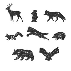 Forest animals. Wild woodland animals with grunge effect. Hand drawn silhouettes