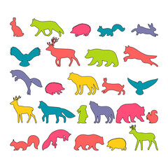 Hand drawn silhouettes. Forest animals. Outline wild woodland animals. Bear, deer, wolf, fox, owl, hedgehog, squirrel, hare