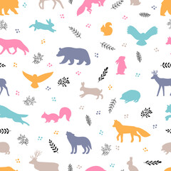 Seamless pattern with wild forest animals. Woodland life. Background for textile, fabric, wrapping paper, clothing