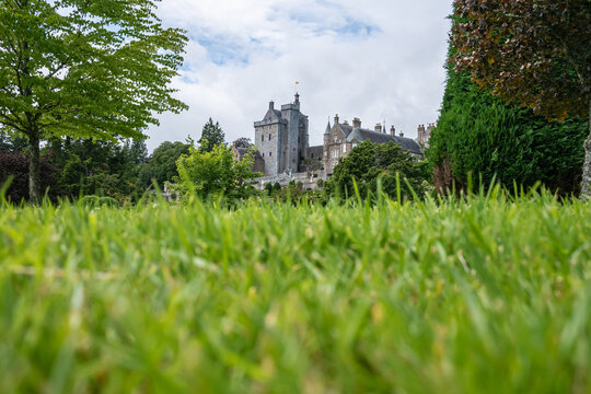 View of Drummond castle in Scotland from its beautiful lush green garden park 