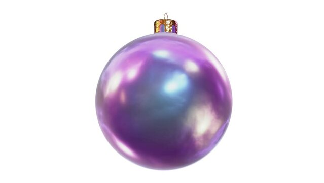 Realistic looping 3D animation of the spinning shining semi-gloss violet Christmas ball rendered in UHD with alpha matte