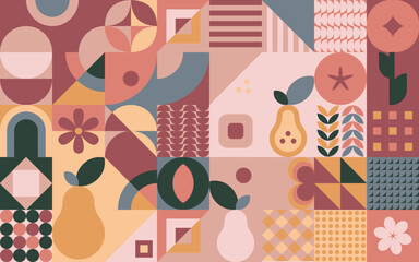 Geometryczna kompozycja - kolorowa jesienna mozaika z jabłkiem, gruszką i kwiatami. Powtarzający się wzór w stylu bauhaus do zastosowania jako tło do projektów. - obrazy, fototapety, plakaty