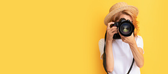 Woman isolated face portrait, banner with mock up copy space. focus lens. summer shooting session. photoshoot. photographic work. taking pictures.