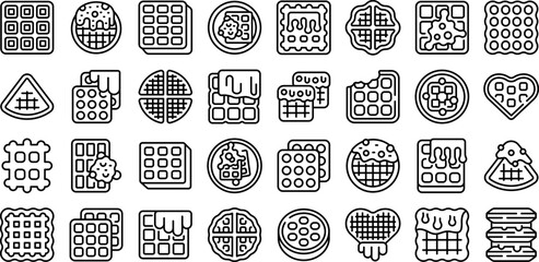 Belgian waffles icons set outline vector. Coffee cup. Belgium cream - obrazy, fototapety, plakaty