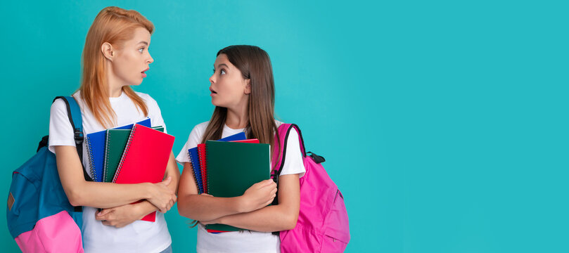 Mother And Daughter Child Banner, Copy Space, Isolated Background. Mom And Teen Girl Study. Private Teacher And Child Carry Backpack. Family Help.