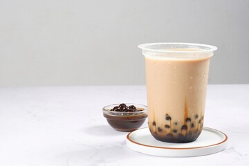 Boba milk tea or Taiwan milk tea with bubble on white background