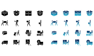 Set of moving service related vector icons. Vector illustration of cargo vehicles, boxes and more with editable color glyphs and gradients