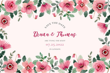 save the date with pink floral watercolor frame