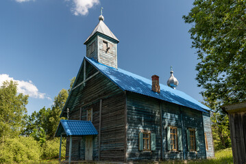Rubeniski blue Old Believers Church in sunny summer day, Latvia.