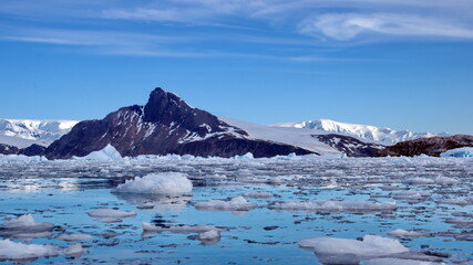 Small bits of ice floating in the bay in front of snow covered mountains at Cierva Cove, Antarctica