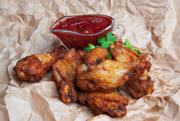 Fried chicken with tomato sauce. Takeaway, fast food.