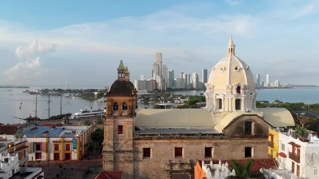 Aerial view flying through the San Pedro Claver sanctuary in the walled city (Ciudad Amurallada) of Cartagena de Indias, Colombia