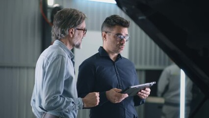 Serious manager in a suit and glasses communicating with a man and diagnosing a car using a gadget in a car service