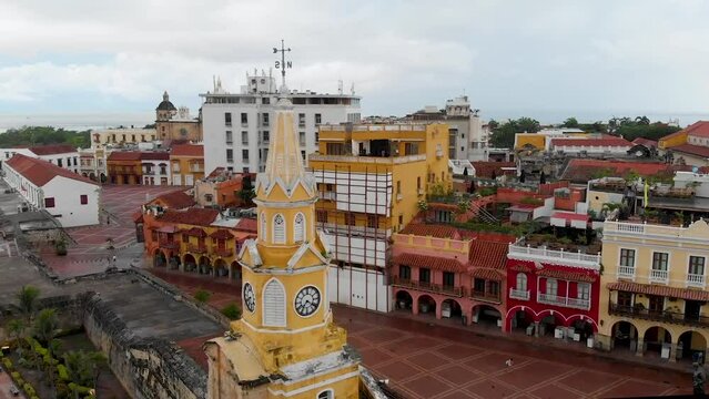Aerial arc shot view of the Torre del Reloj in the walled city (Ciudad Amurallada) of Cartagena de Indias, Colombia