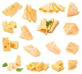 Cheese collection isolated over white background. Set of different cheeses..