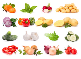 Vegetables collection isolated over white background. Set of different fresh raw veggies. Food ingredient. Healthy food concept. .