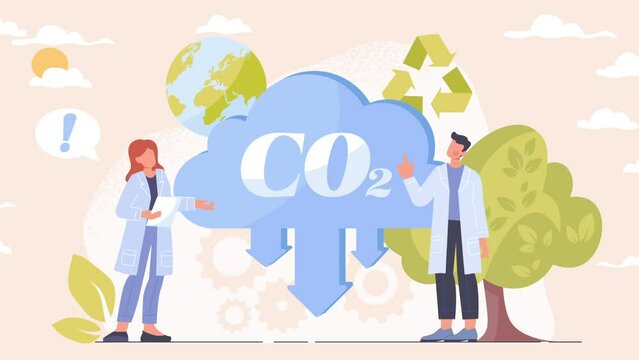 CO2 reduction video concept. Moving man and woman scientists take care of nature and prevent climate change and greenhouse effect. Atmospheric pollution by emissions. Flat graphic animated cartoon