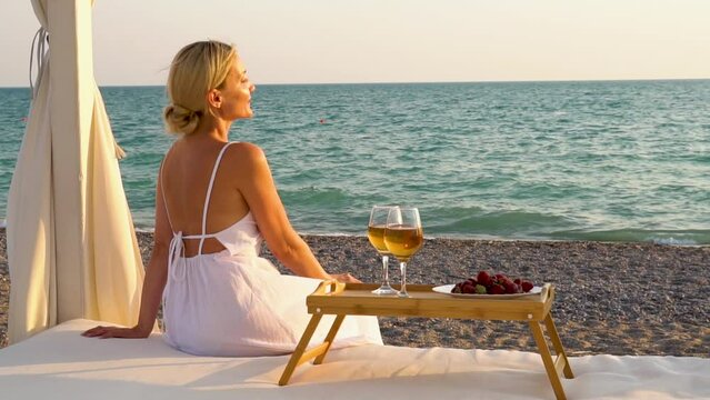 Drinks wine restaurant rest sea tray two copyspace beach day, from var glass from ocean for landscape nature, sky outdoors. View weekend relaxation,