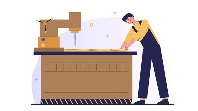 Furniture assembly concept. Moving young male carpenter or craftsman processes wood with chisel in his workshop. Character creates or repairs wooden furniture for home. Flat graphic animated cartoon