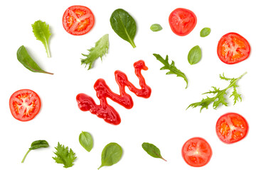 Tomato ketchup drops. Creative layout made of tomato slices and lettuce salad leaves. Flat lay, top view. Italian food concept.