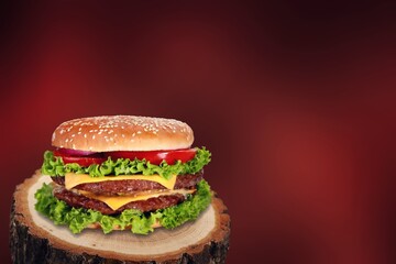 Burger with salad, cheese and bacon. Tasty food