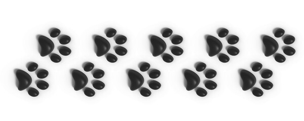 Black 3D Paw prints across banner heading, dog, cat, footprints, 3D illustration