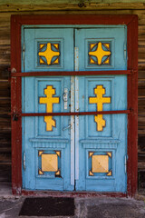 Doors of Krivani Old Believers Church in sunny summer day.