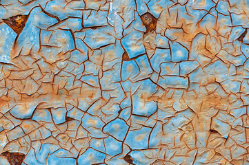 Rusty metal surface with cracked blue paint abstract rustic metal texture background.