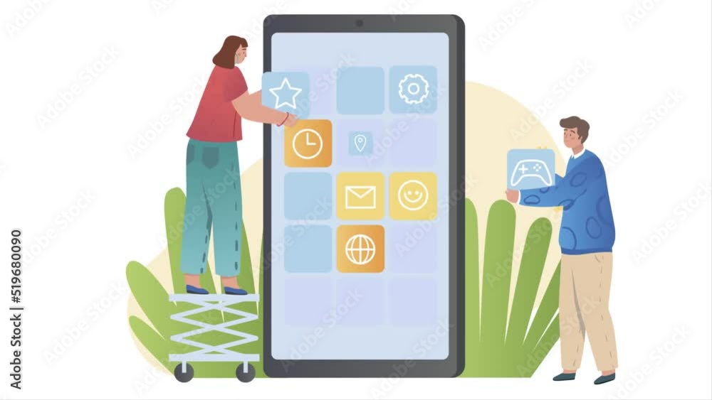 Poster app development concept. moving male and female programmers create user friendly design of interface