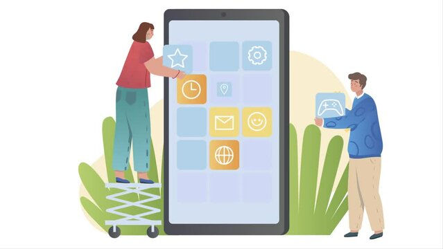 App development concept. Moving male and female programmers create user friendly design of interface or main page with program icons. Coding and creating digital product. Graphic animated cartoon