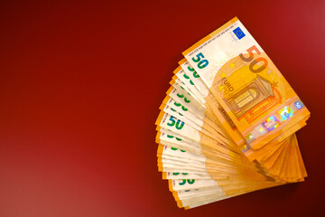 Spending and income in European countries. Euro money. Money background.fifty euros banknotes pack...
